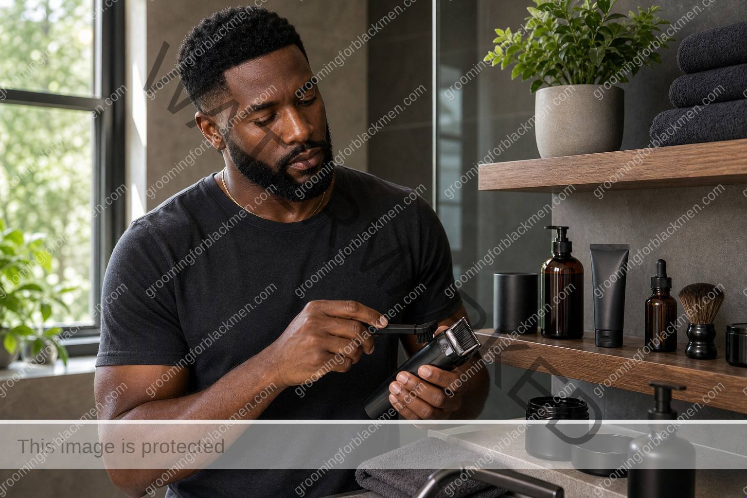 Black man with rich brown skin using starter kit in a premium grooming setting
