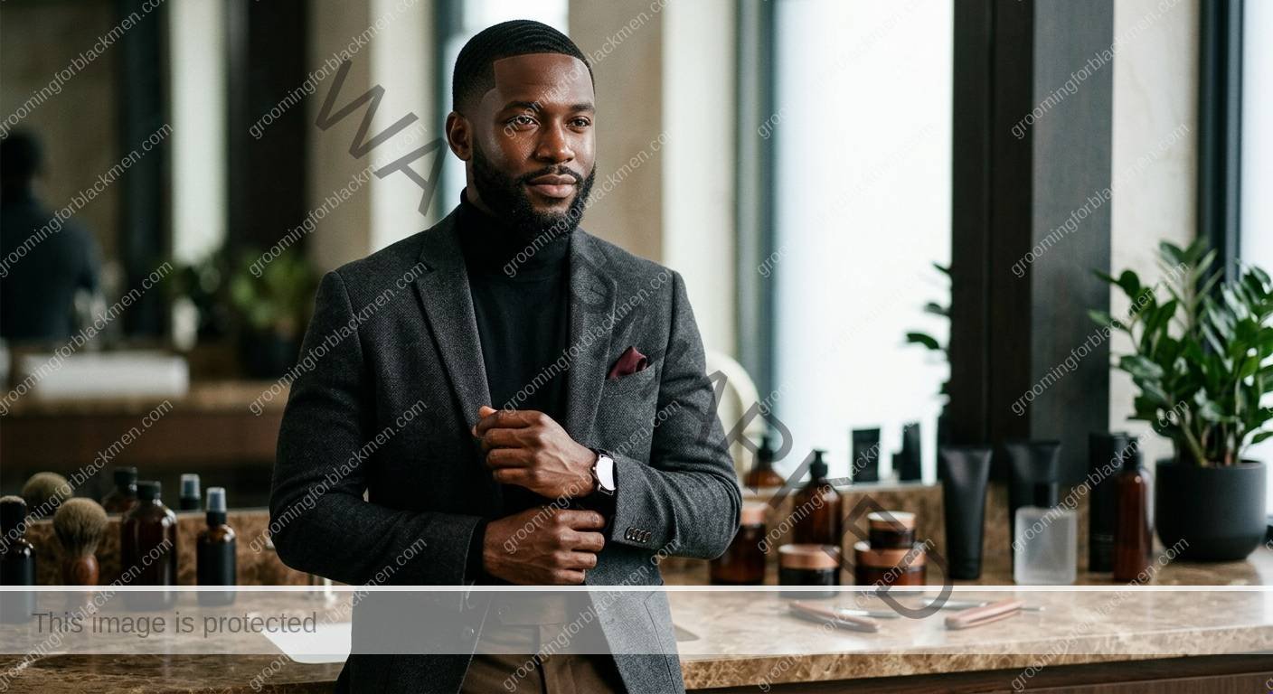 Black man organizing affordable grooming products before choosing what to keep