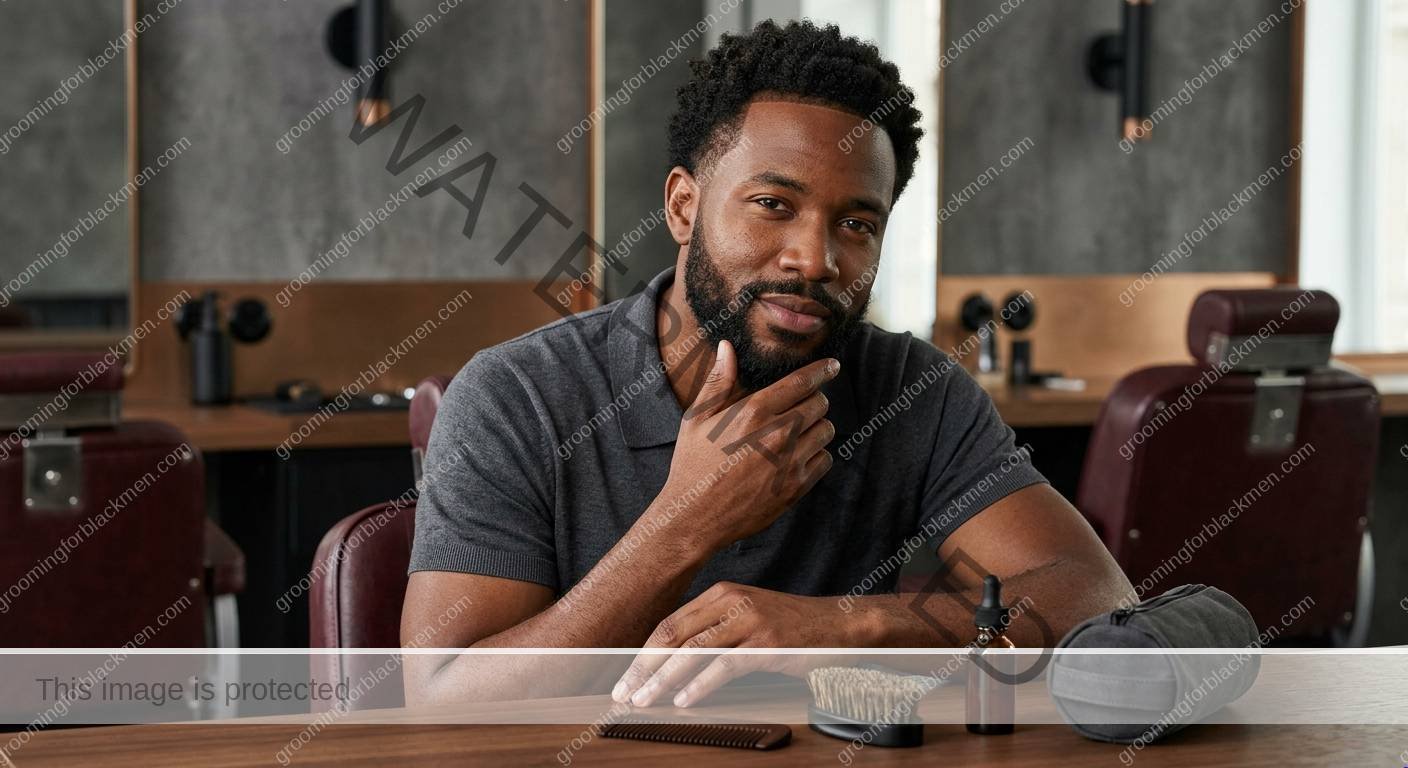 Black man grooming routine image for Travel Beard Kit for Black Men: Practical Grooming Guide