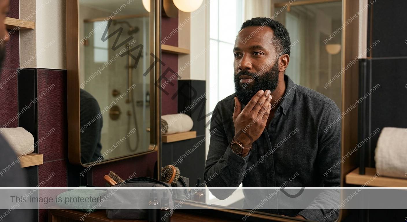 Black man reviewing travel budget kit choices in a clean grooming setup