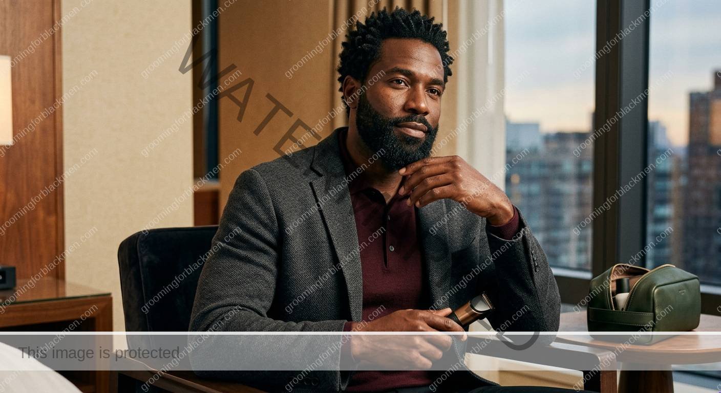 Black man with a calm finished travel budget kit routine and realistic skin texture