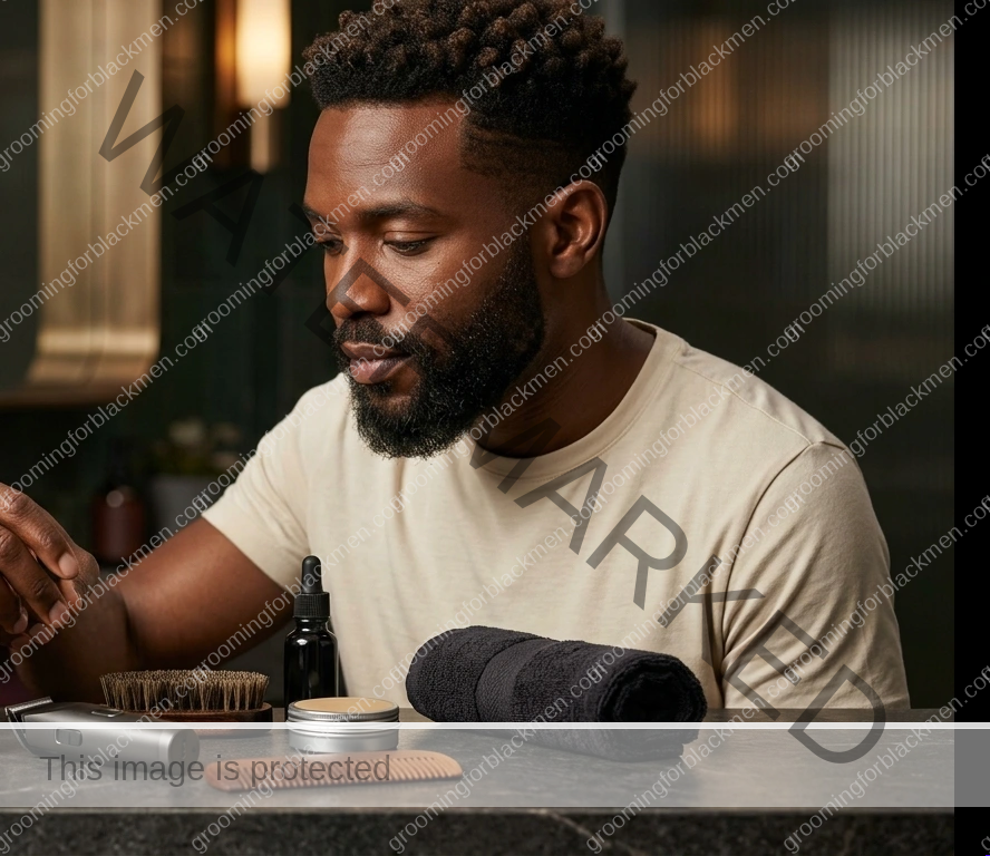 Black man organizing affordable grooming products before choosing what to keep
