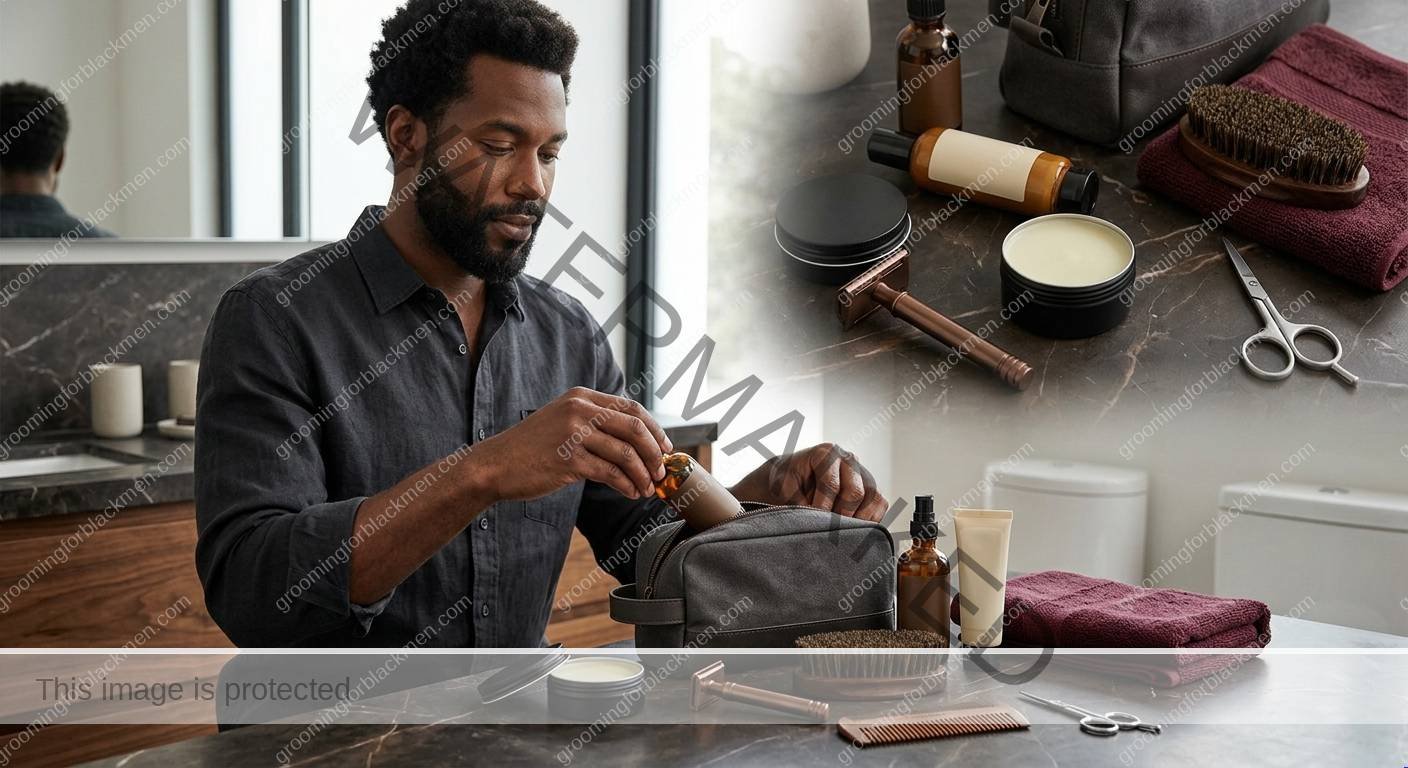 Affordable grooming tools and product categories for Black men arranged cleanly