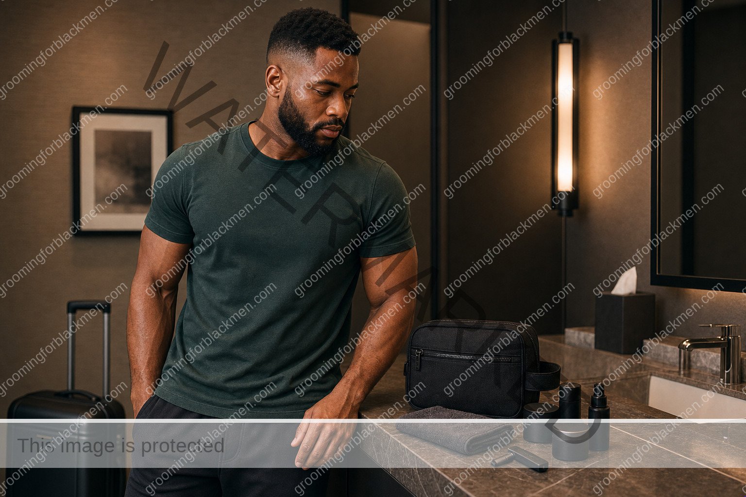 Black man preparing a travel grooming routine in a clean masculine grooming space