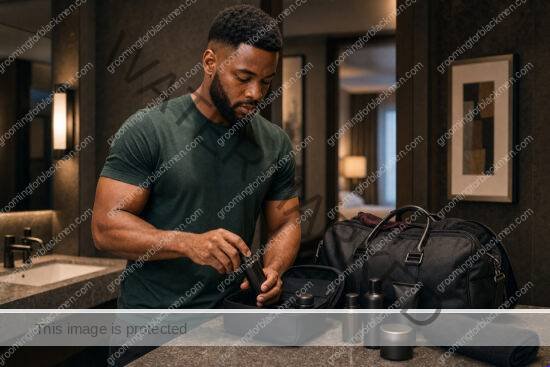 Black man with rich brown skin in a premium grooming setting for travel grooming for black men practical grooming guide