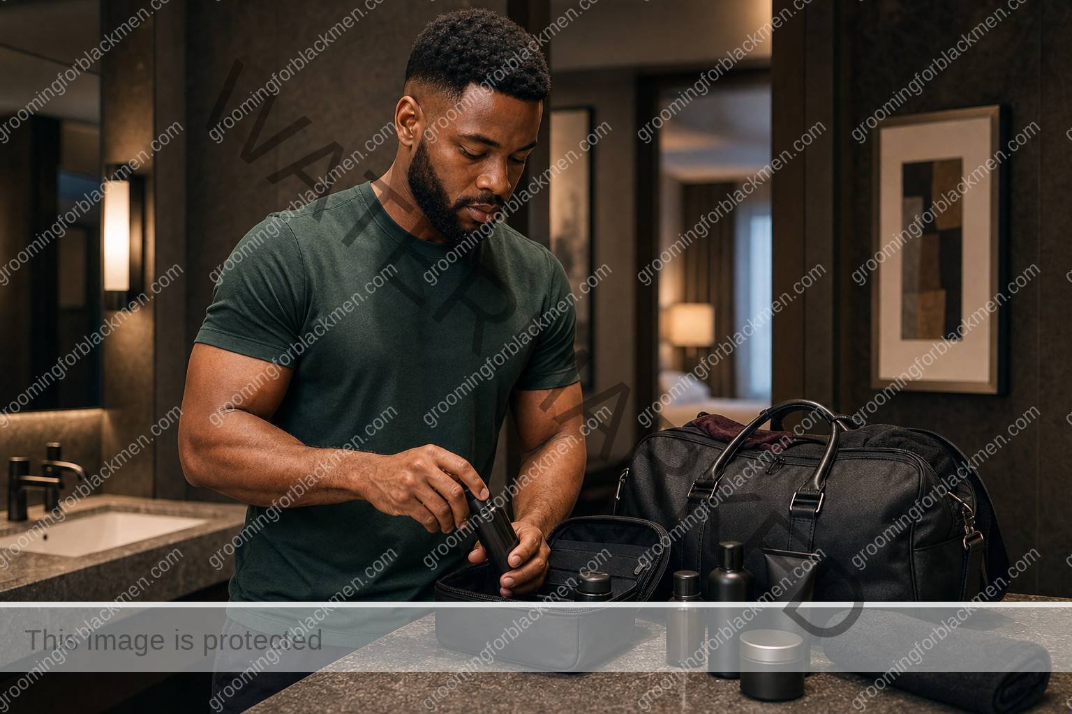 Black man with rich brown skin in a premium grooming setting for travel grooming for black men practical grooming guide