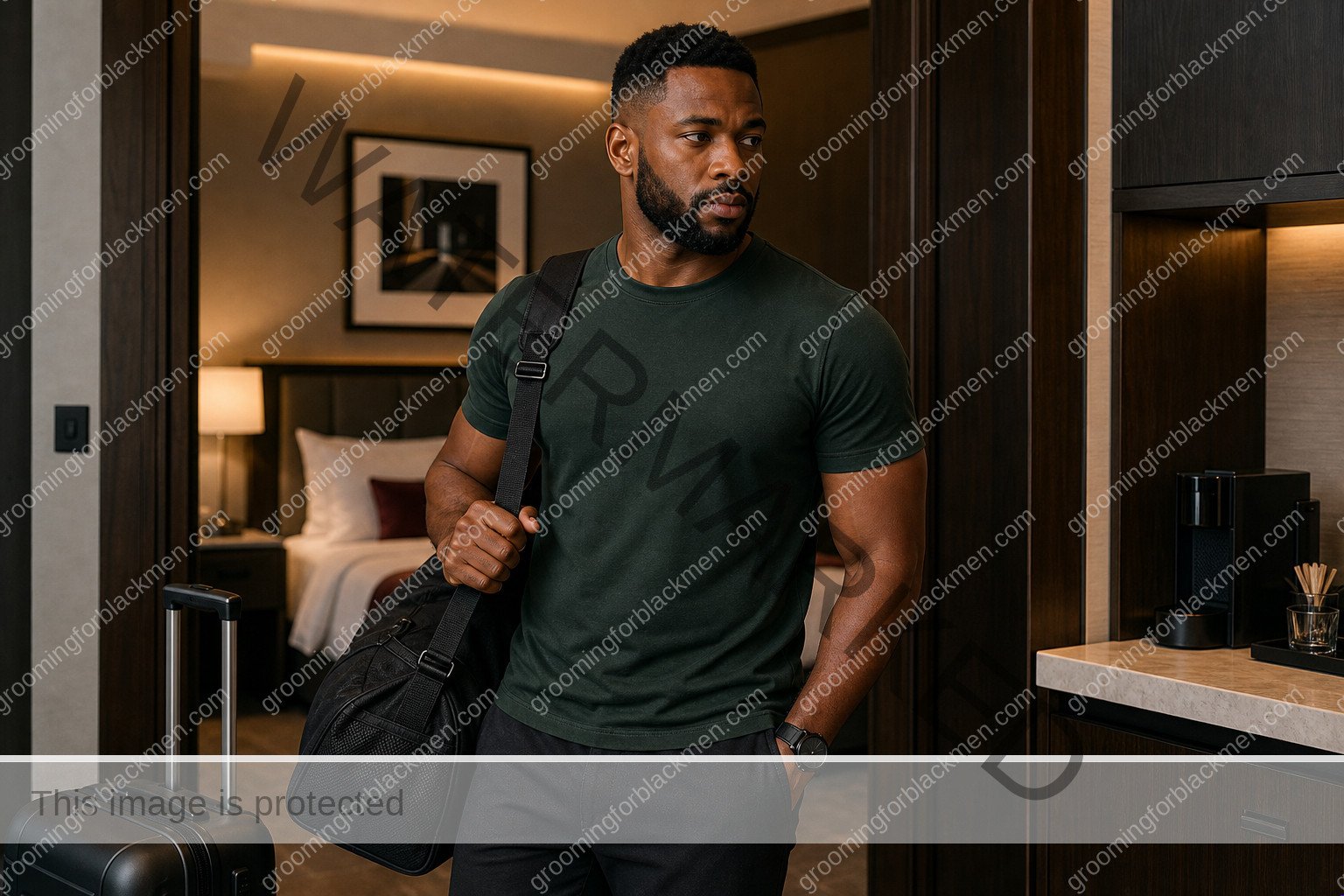 Black man with a clean finished travel grooming routine and realistic skin texture