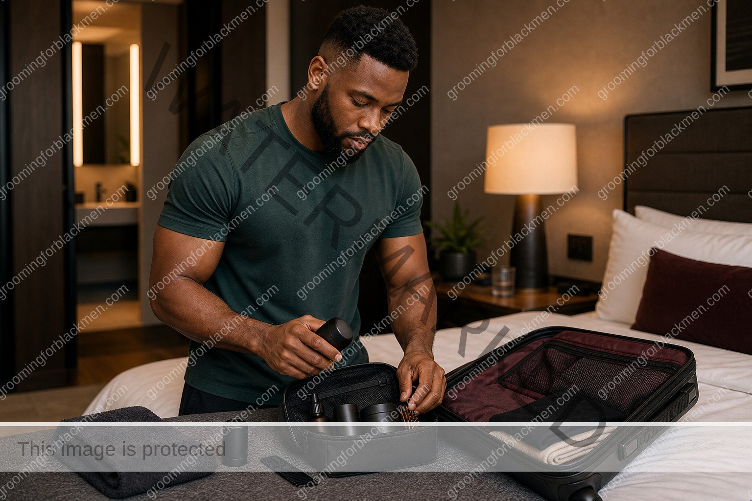 Black man organizing grooming products and tools before a travel grooming routine