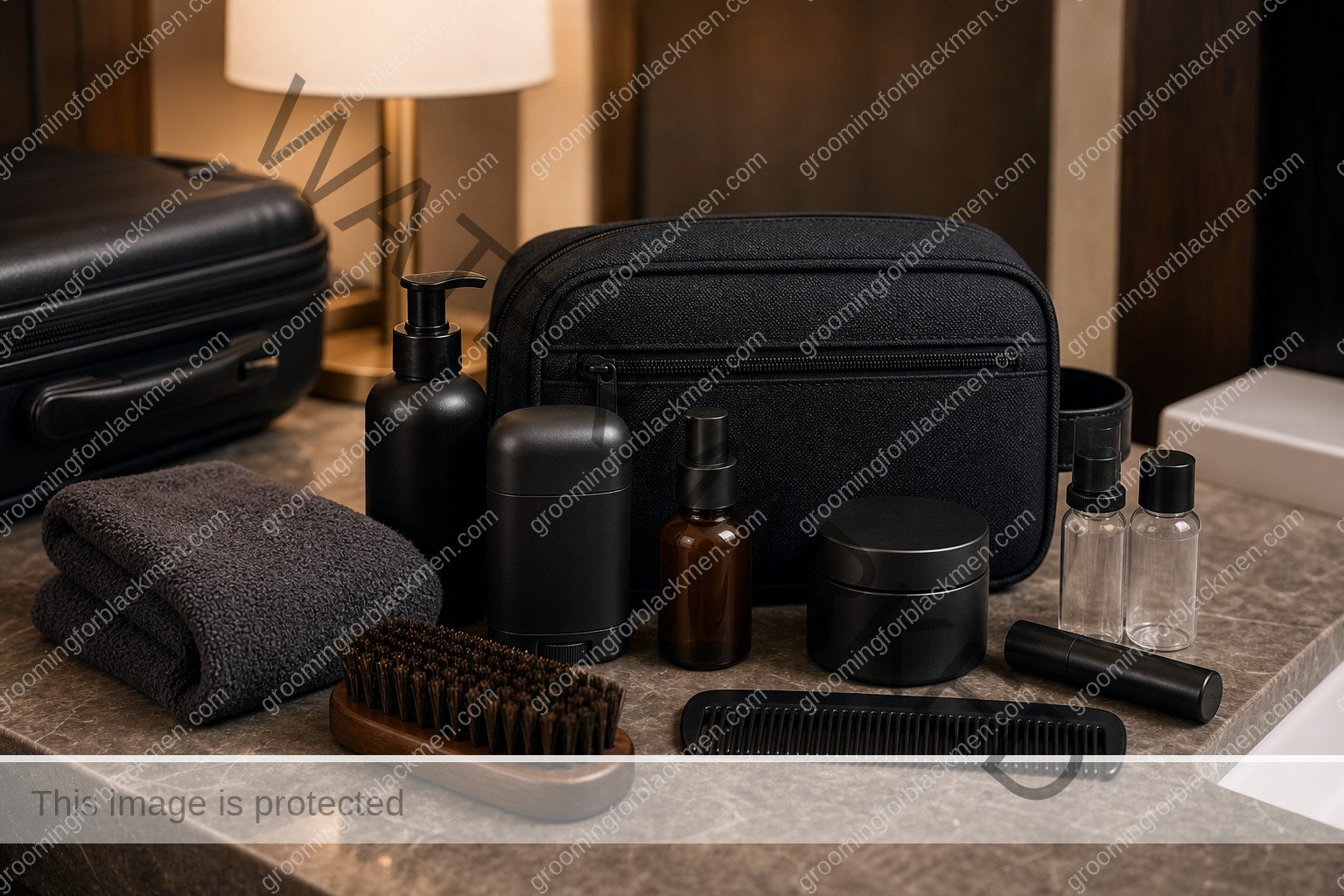 Grooming tools and product categories for Black men arranged for travel grooming