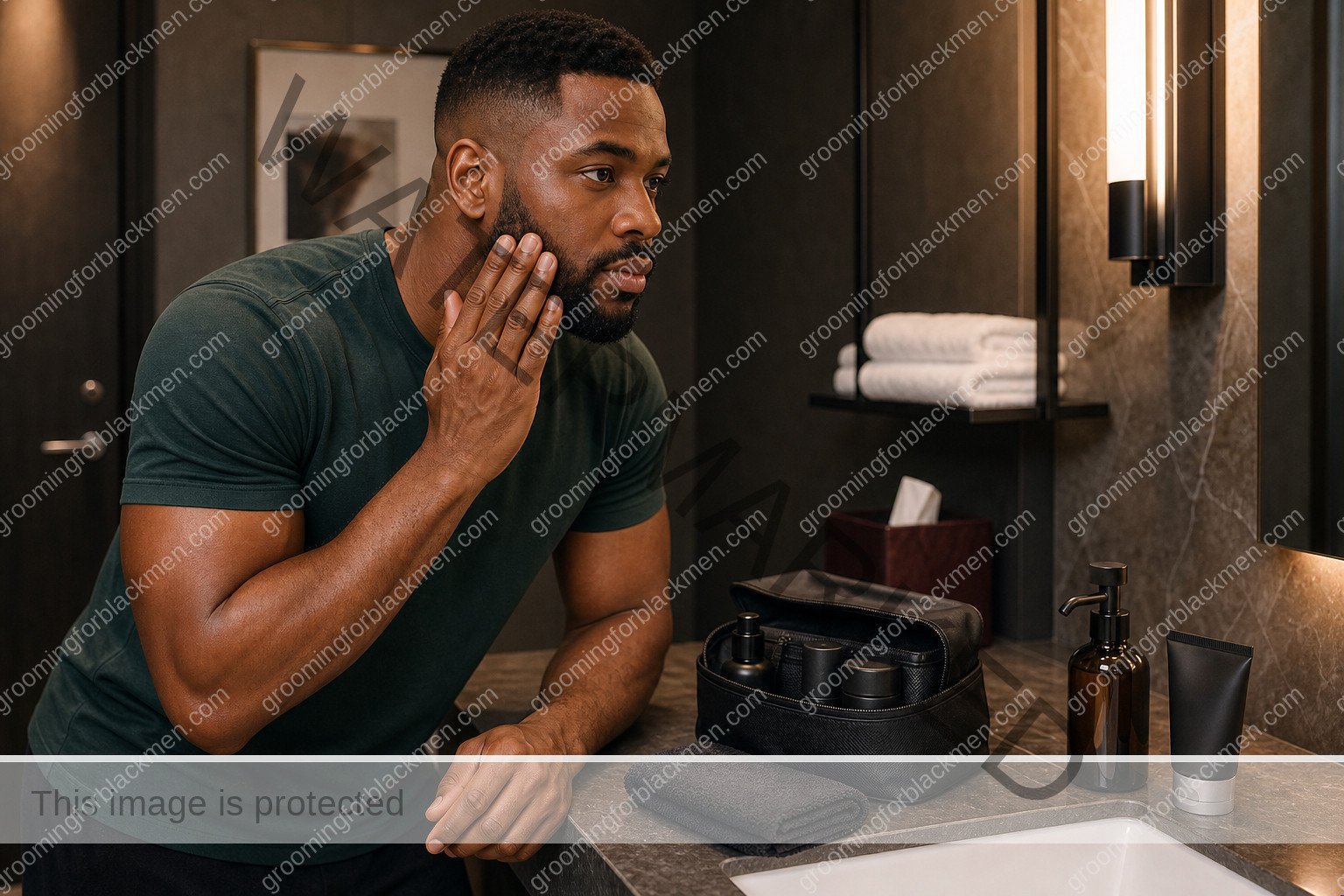 Black man using a realistic travel grooming grooming step with careful technique