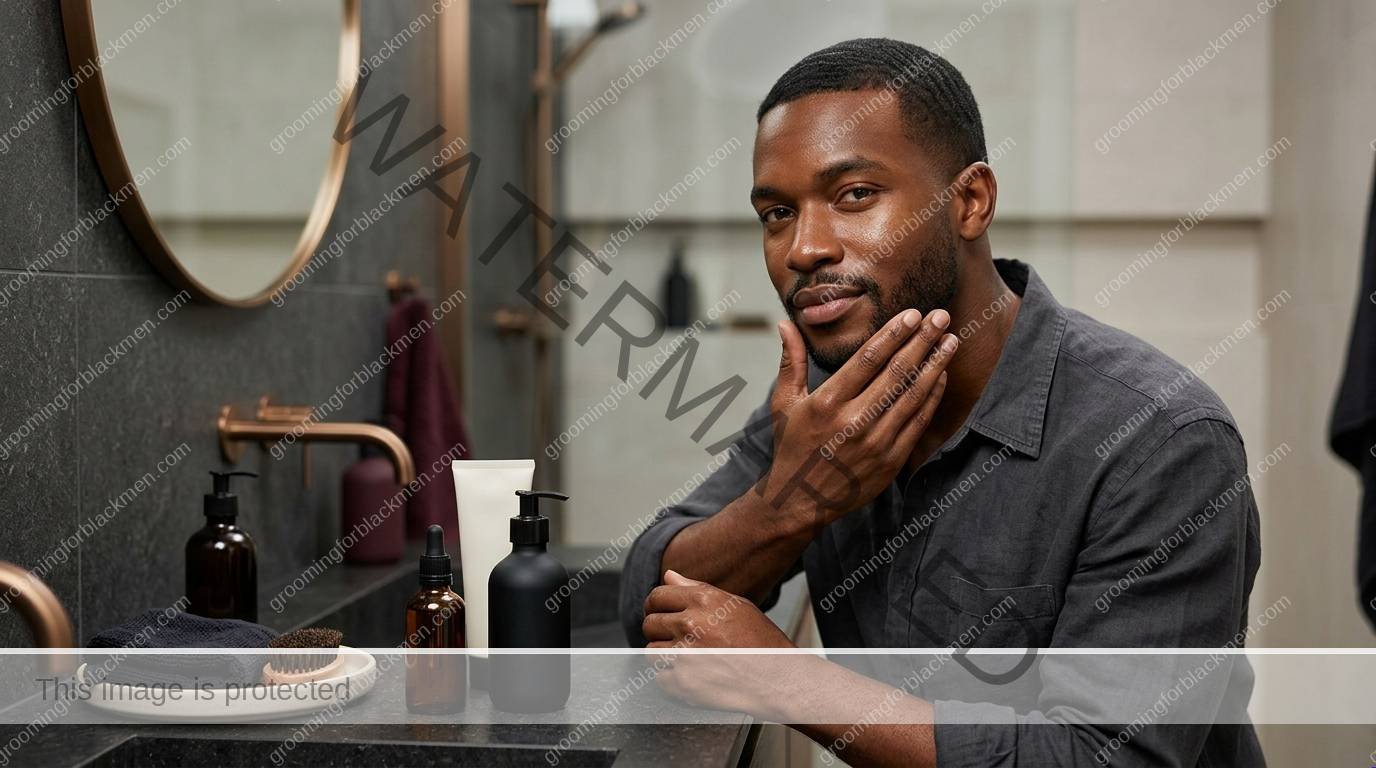 Black man reviewing simple affordable skincare products at a bathroom sink