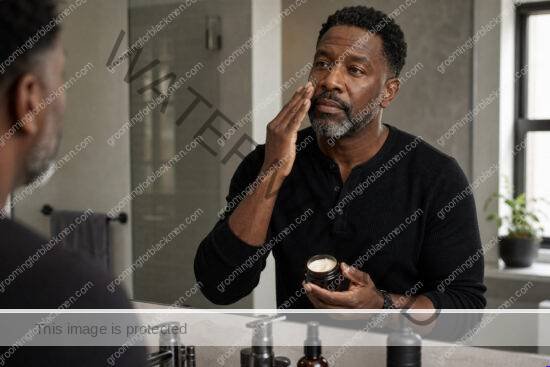 Black man applying moisturizer in a premium under 50 grooming routine