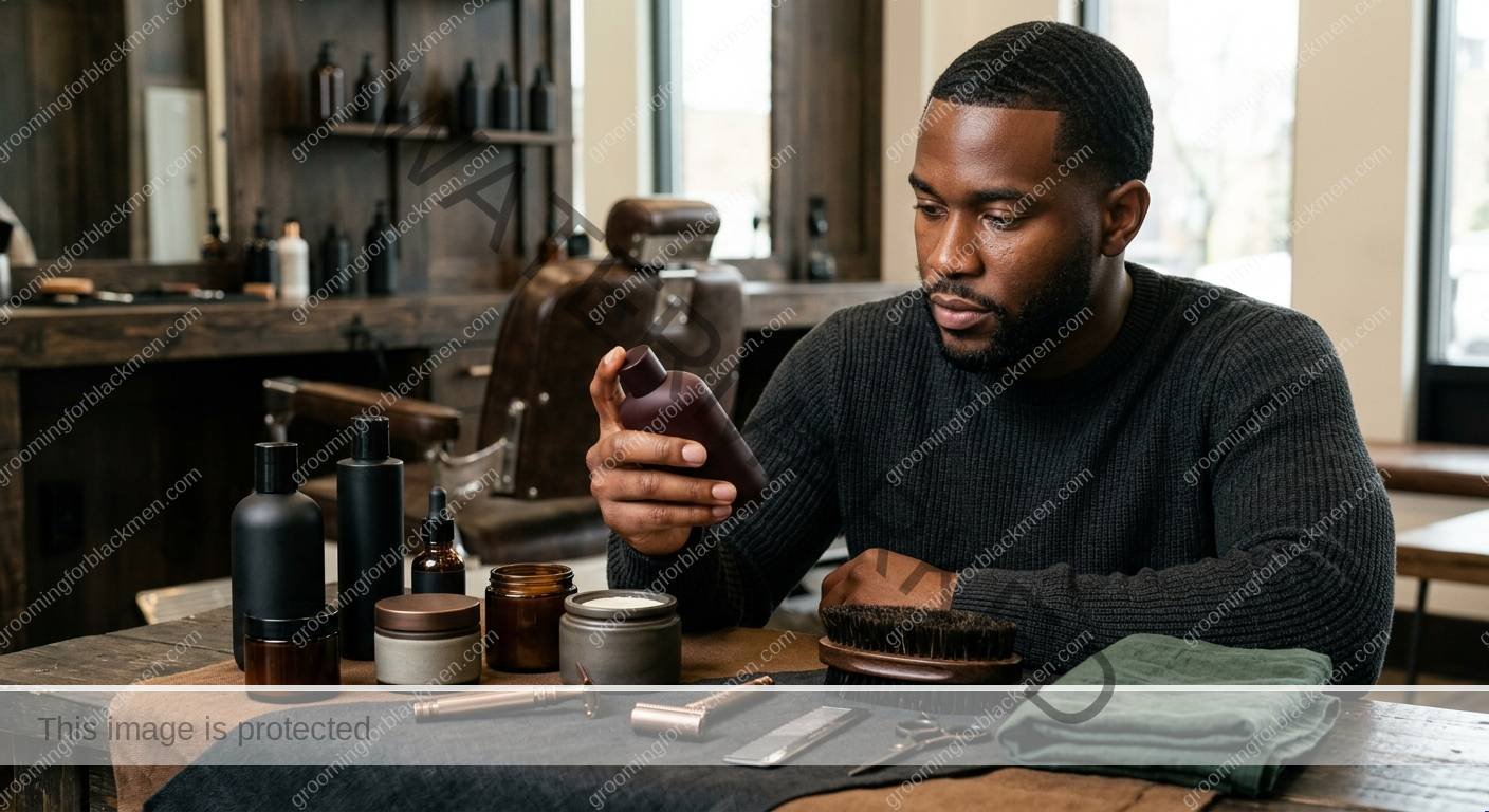 Budget grooming tools and product types for Black men arranged cleanly