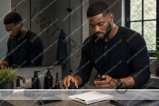 Black man with rich brown skin in a premium grooming setting for upgrade path for black men
