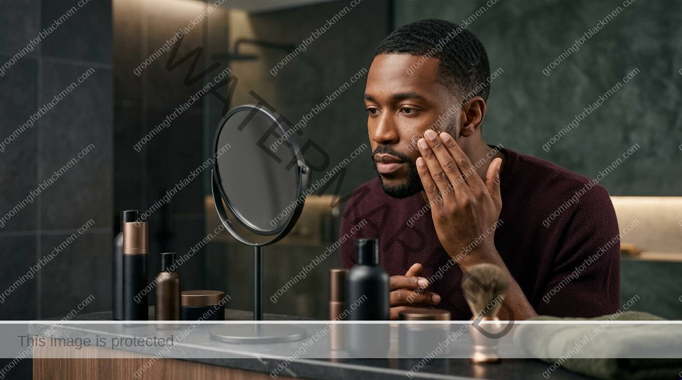 Black man with a calm finished upgrade path routine and realistic skin texture