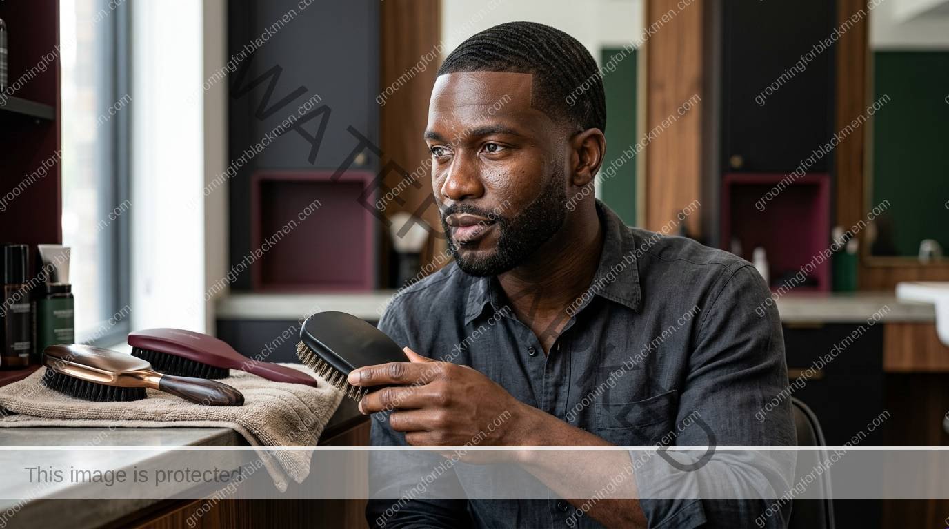 Black man grooming routine image for Wave Brush Selection for Black Men: Practical Grooming Guide