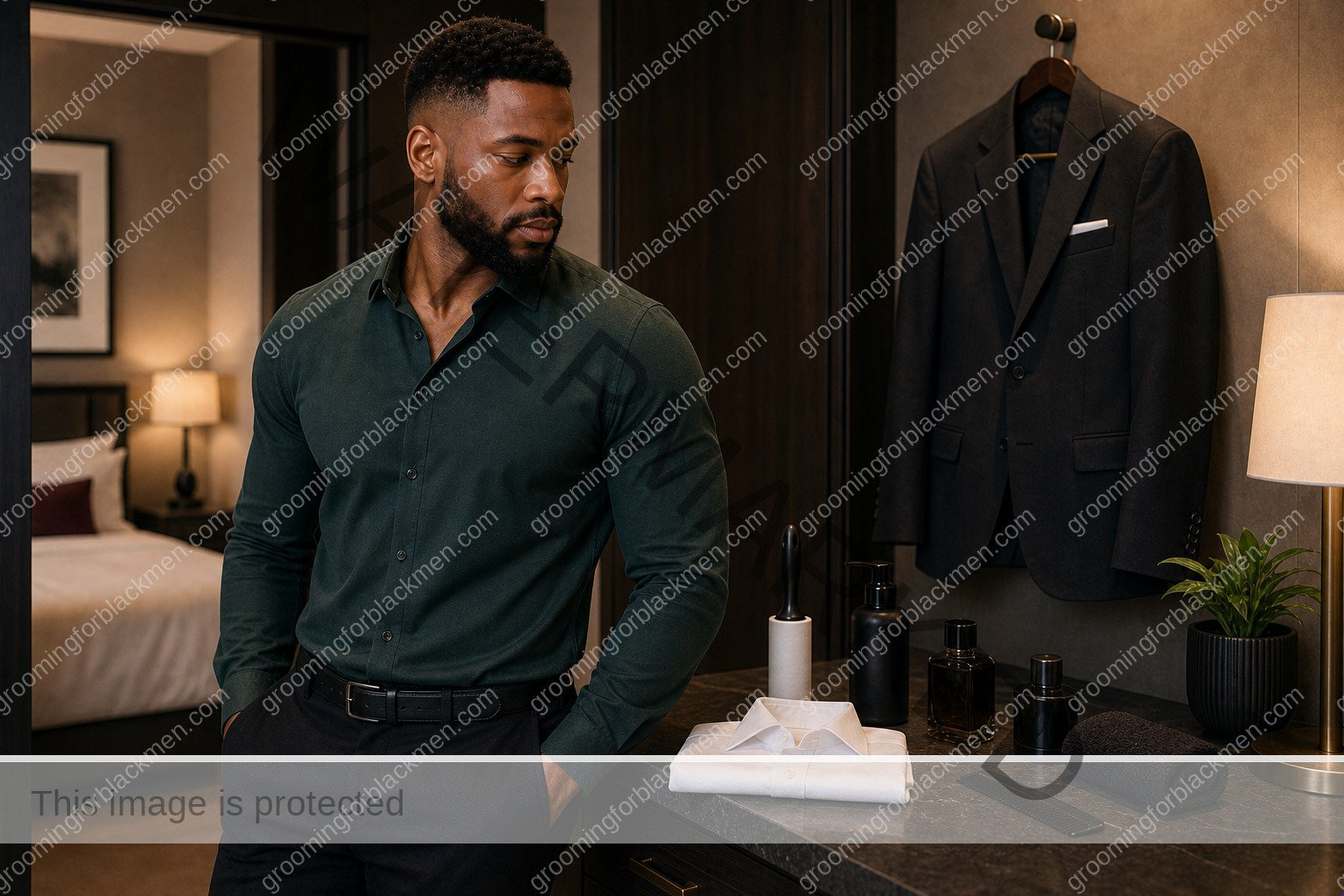 Black man preparing a wedding guest grooming routine in a clean masculine grooming space