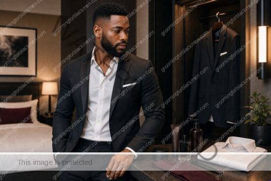Black man with rich brown skin in a premium grooming setting for wedding guest grooming for black men practical grooming guide