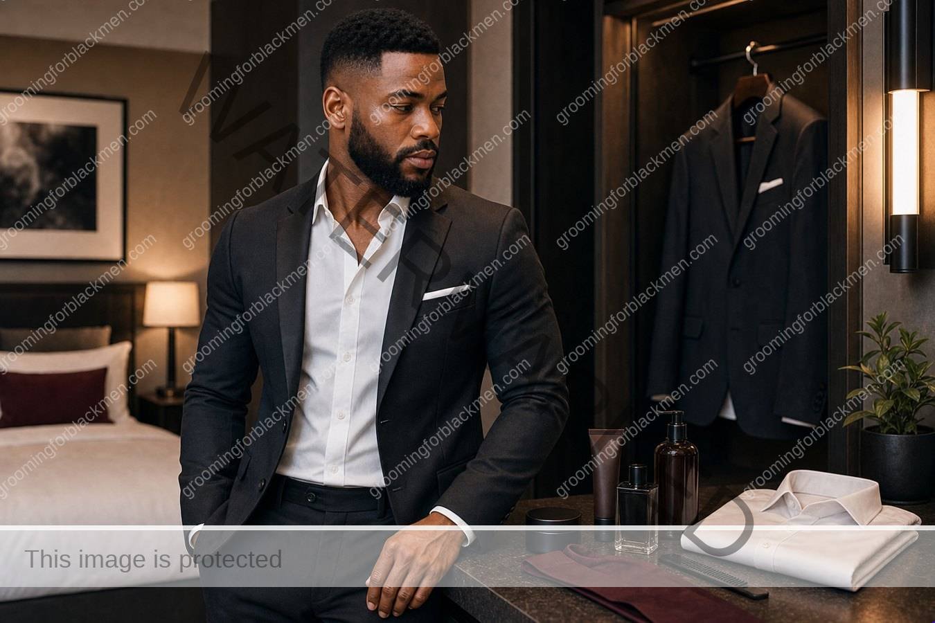 Black man with rich brown skin in a premium grooming setting for wedding guest grooming for black men practical grooming guide