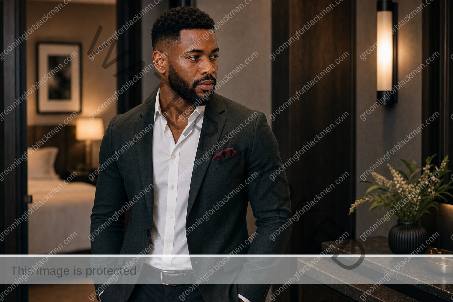 Black man with a clean finished wedding guest grooming routine and realistic skin texture