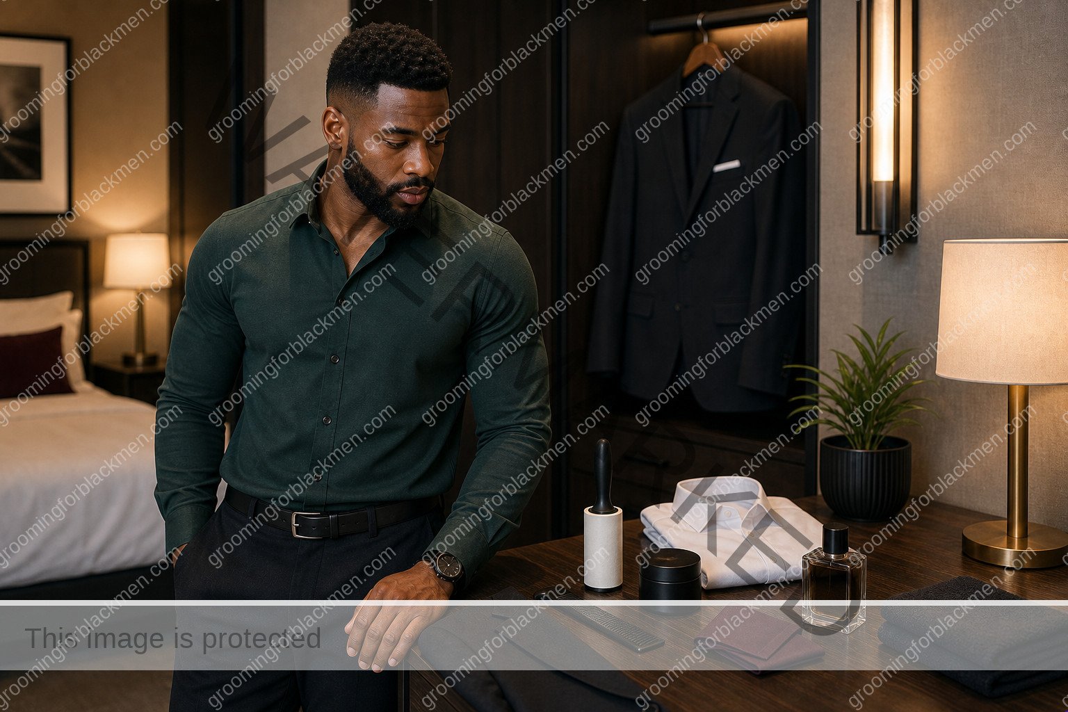 Black man organizing grooming products and tools before a wedding guest grooming routine