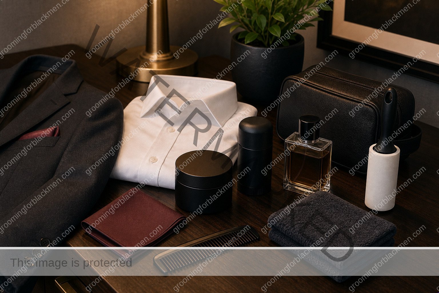 Grooming tools and product categories for Black men arranged for wedding guest grooming