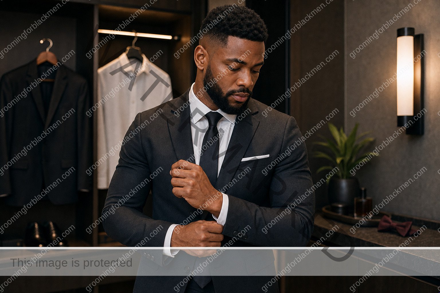 Black man using a realistic wedding guest grooming grooming step with careful technique