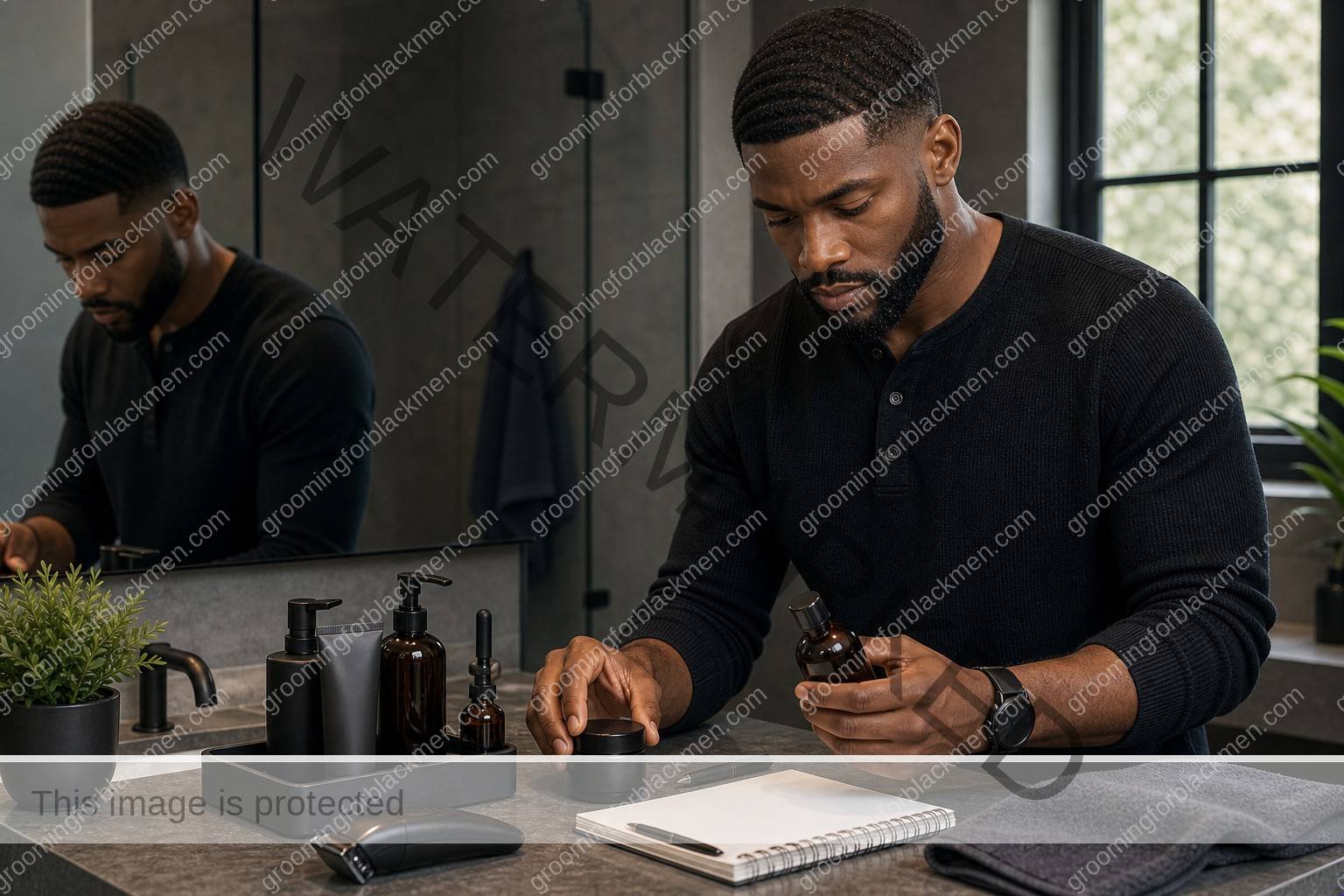 Black man auditing grooming products to decide where to save or spend