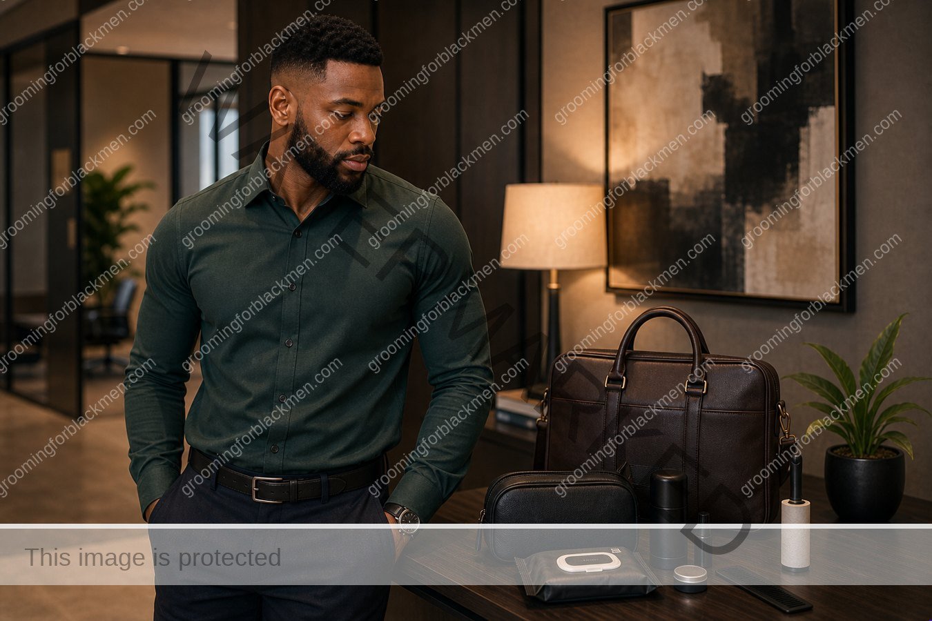 Black man preparing a work bag grooming kit routine in a clean masculine grooming space