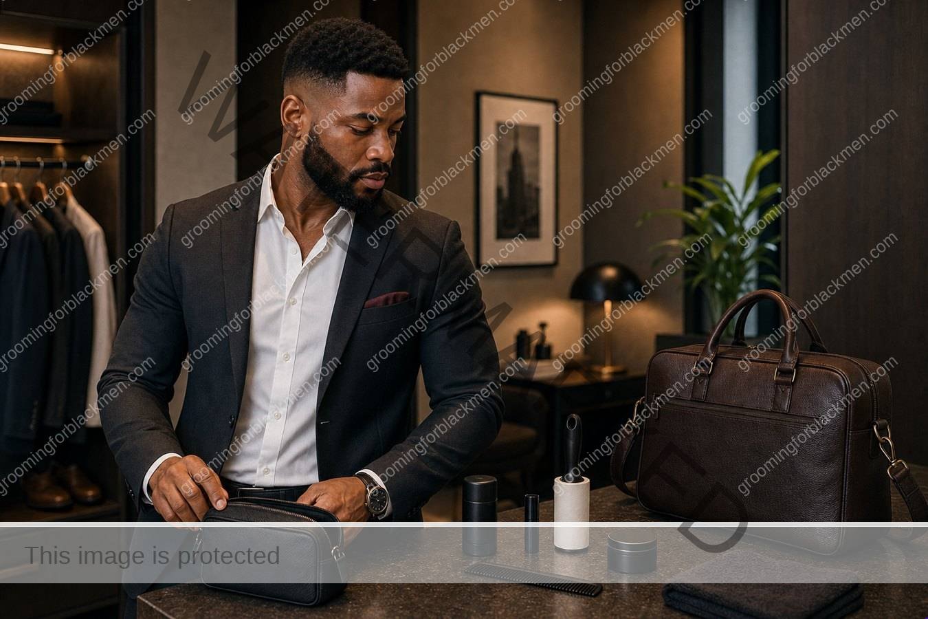 Black man with rich brown skin in a premium grooming setting for work bag grooming kit for black men practical grooming guide
