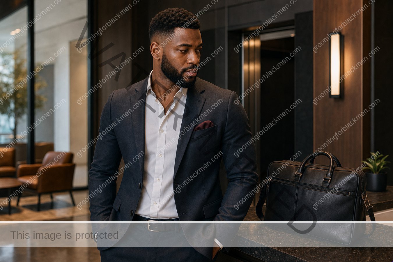 Black man with a clean finished work bag grooming kit routine and realistic skin texture