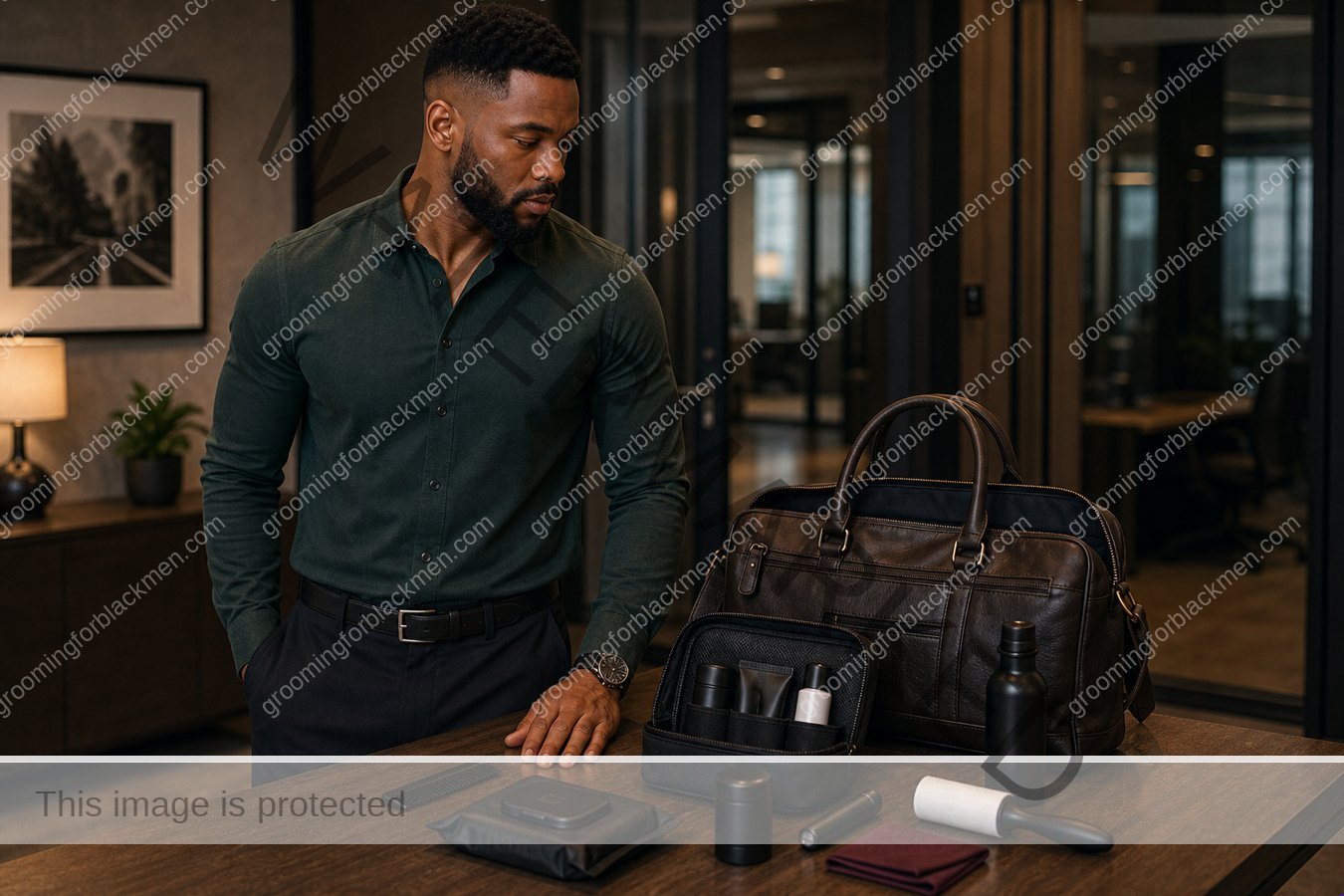 Black man organizing grooming products and tools before a work bag grooming kit routine
