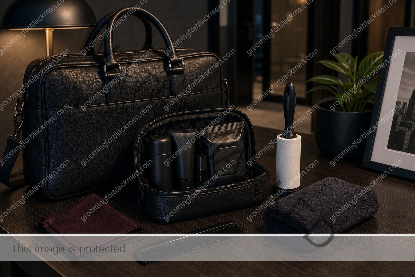 Grooming tools and product categories for Black men arranged for work bag grooming kit
