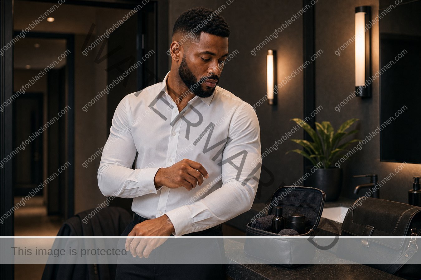 Black man using a realistic work bag grooming kit grooming step with careful technique