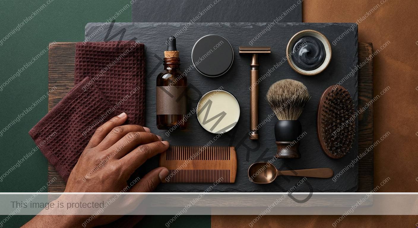 Affordable grooming tools and product categories for Black men arranged cleanly