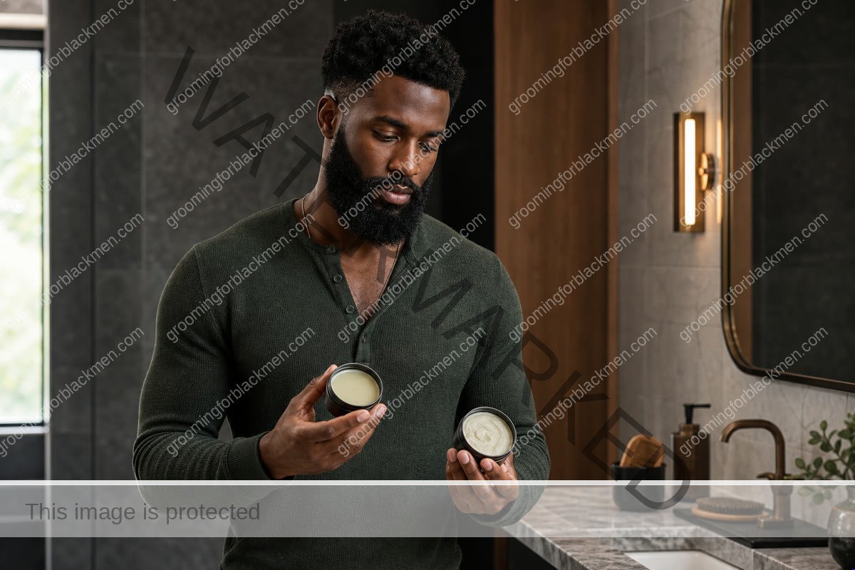 Black man comparing beard balm and beard butter tins during his grooming routine