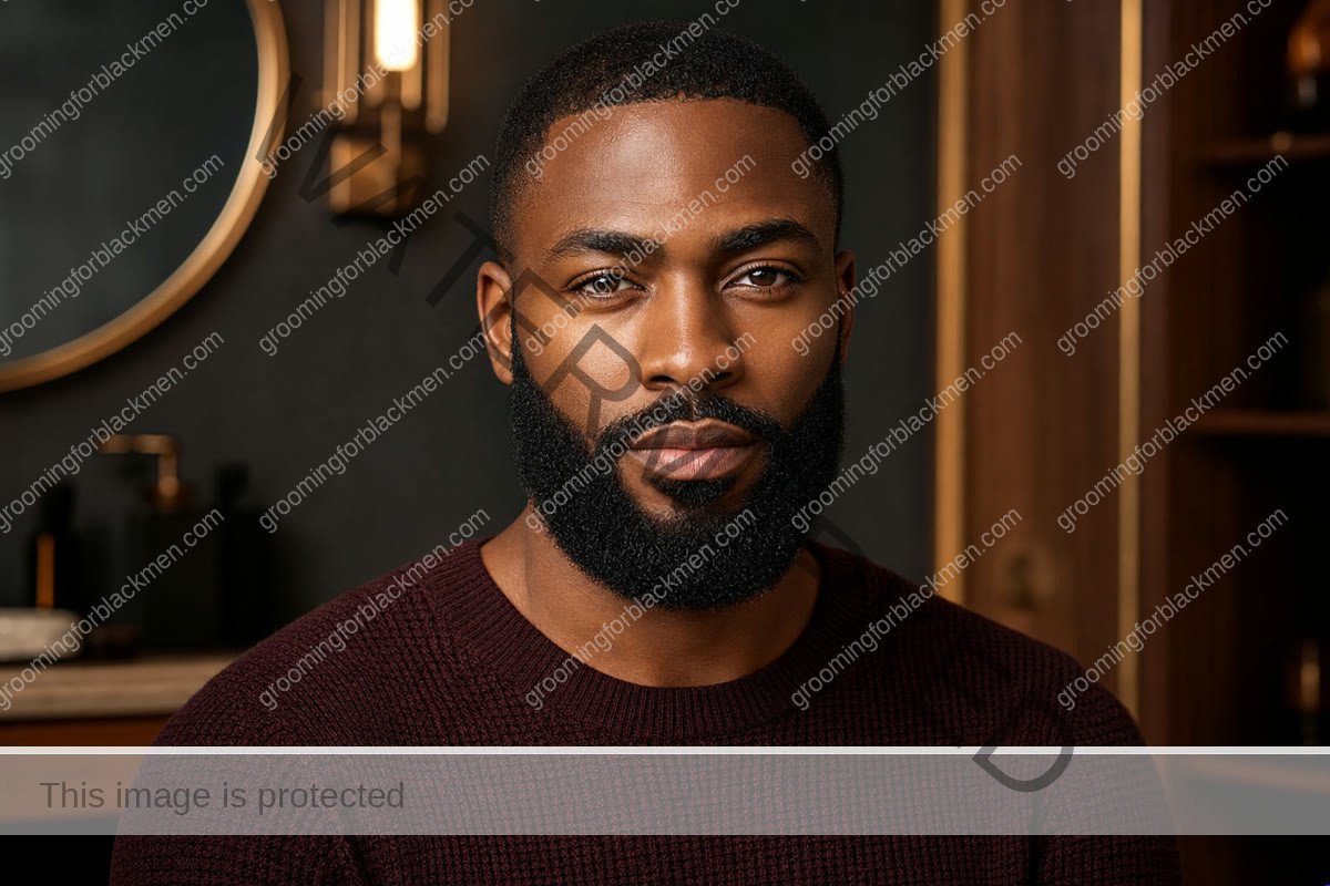 Black man with a healthy shaped beard after a balanced grooming routine