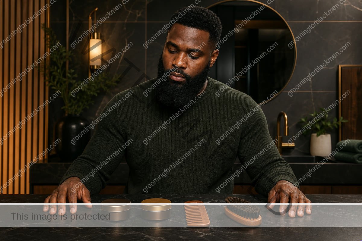 Beard balm, beard butter, comb, and brush arranged for a Black man's grooming routine