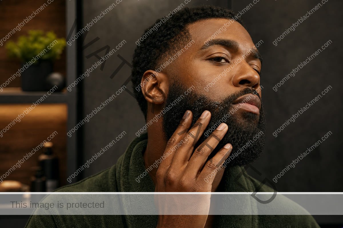Black man applying a small amount of beard product through his beard