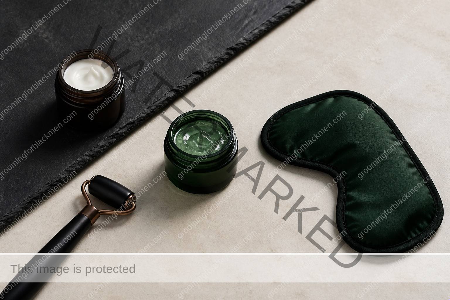 Unlabeled product types for eye cream for Black men dark circles on a premium masculine vanity