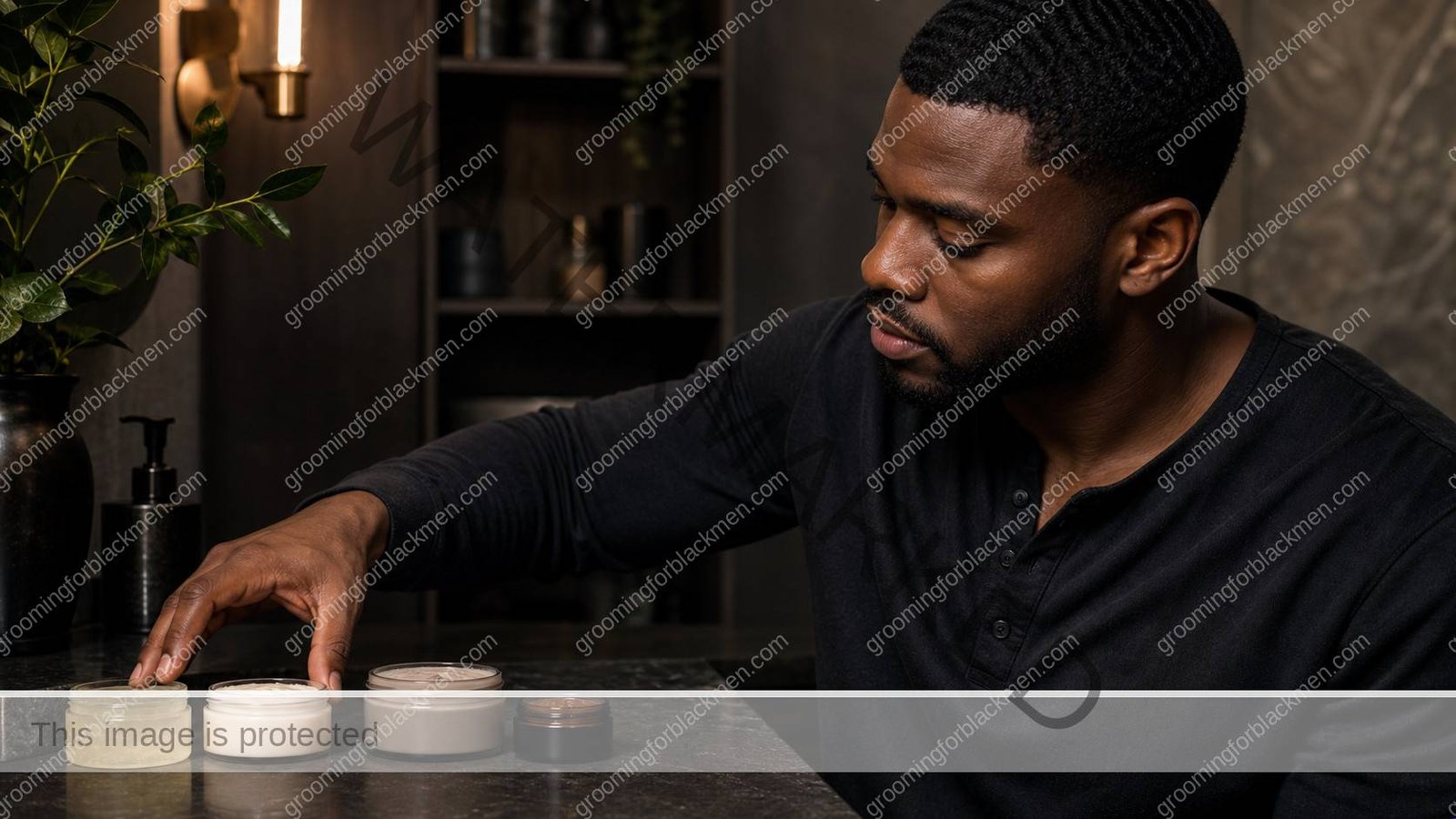 Black man preparing a focused routine for best moisturizer for Black men face at a clean masculine vanity
