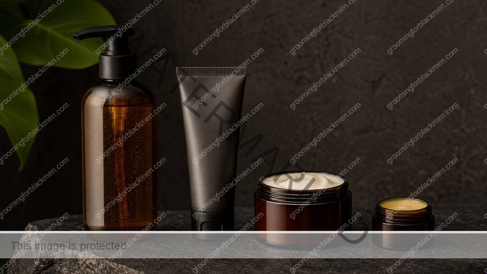 Unlabeled product types for best moisturizer for Black men face on a premium masculine vanity