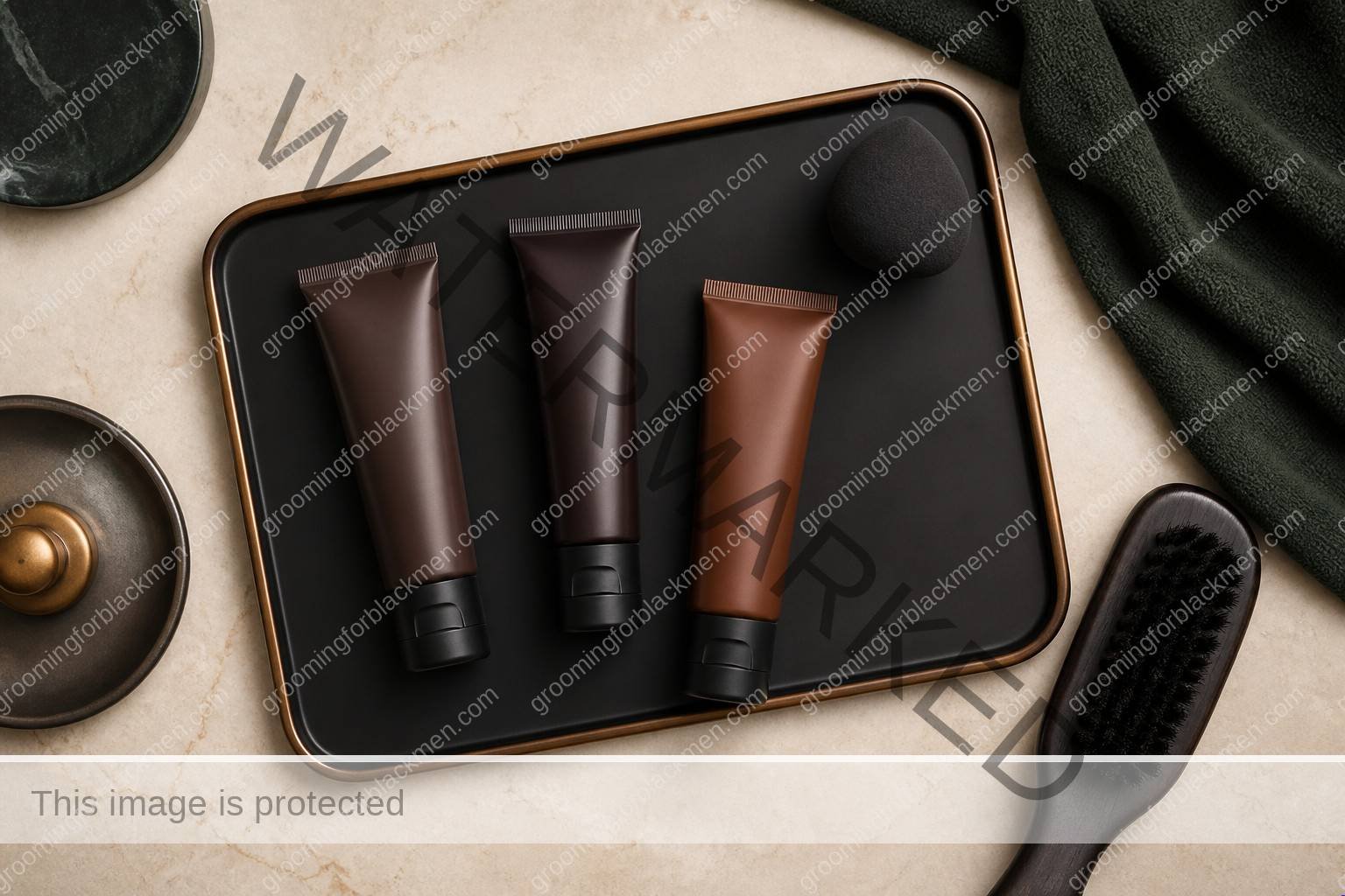 Black man preparing a focused routine for tinted moisturizer for Black men dark skin at a clean masculine vanity