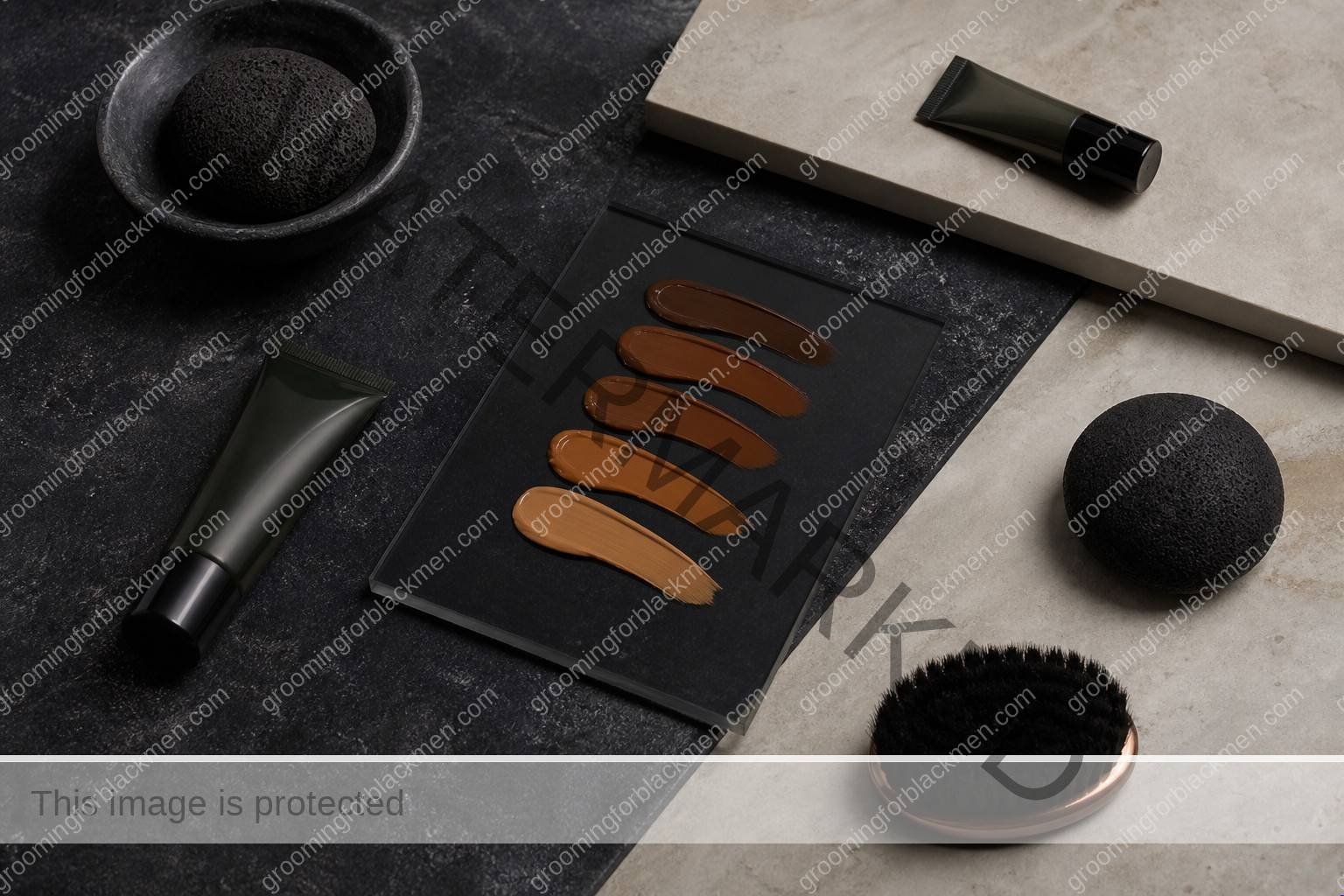 Unlabeled product types for tinted moisturizer for Black men dark skin on a premium masculine vanity