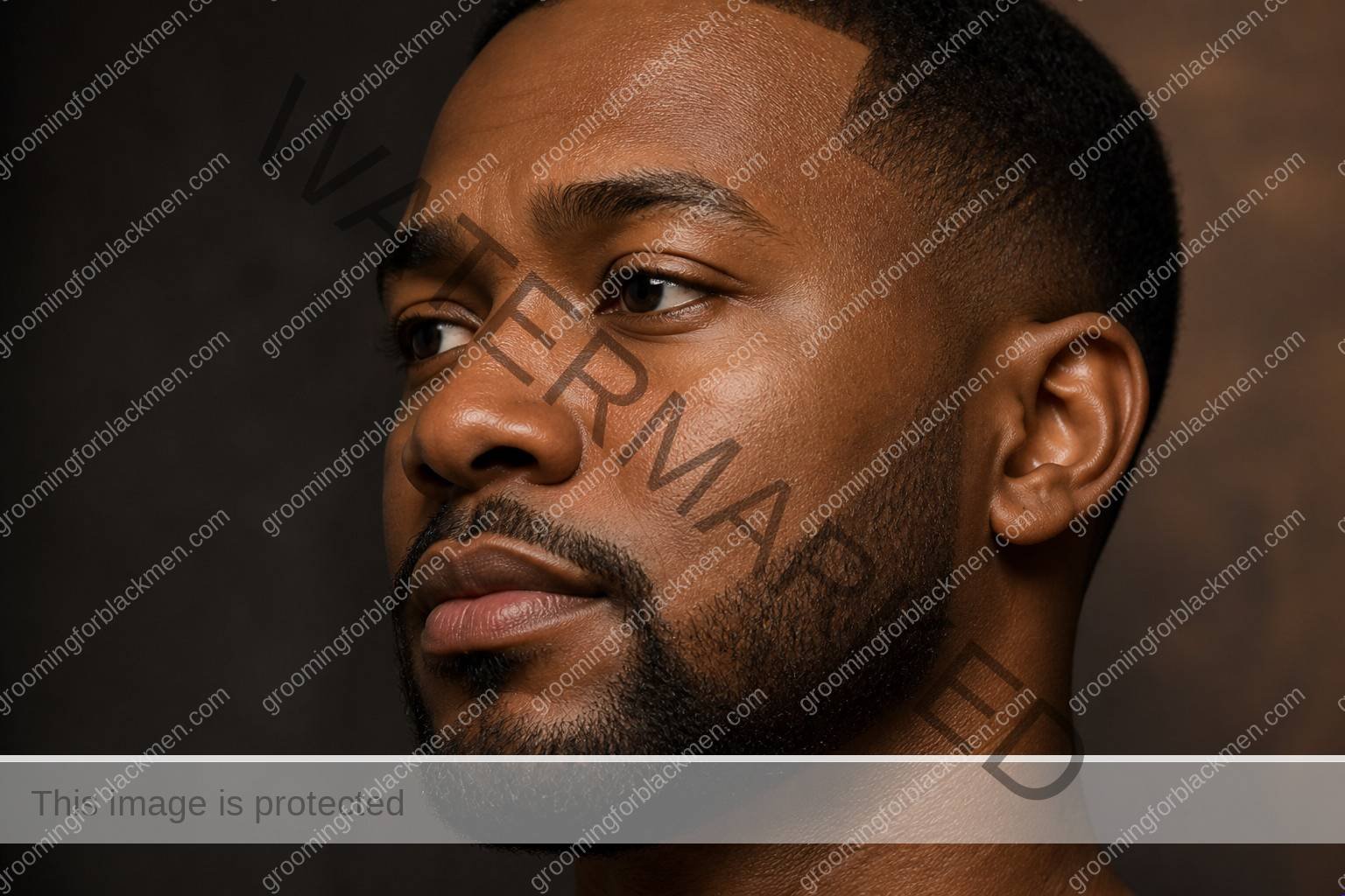 Black man using gentle skincare technique for tinted moisturizer for Black men dark skin with realistic skin texture and hands outside the frame