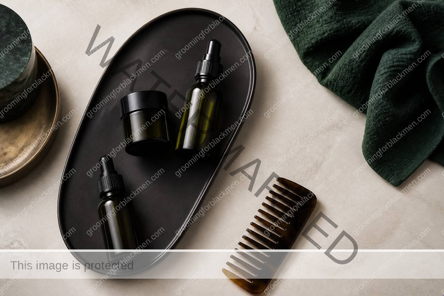 Black man preparing a focused routine for dry patches on face Black men treatment at a clean masculine vanity