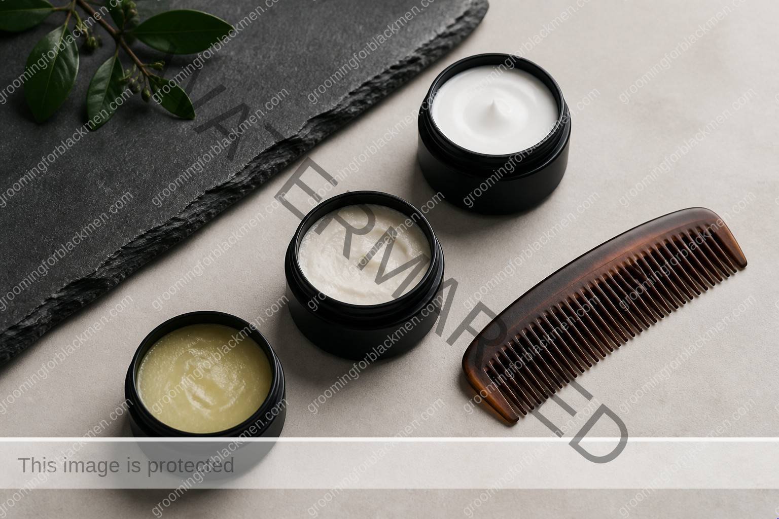 Unlabeled product types for dry patches on face Black men treatment on a premium masculine vanity