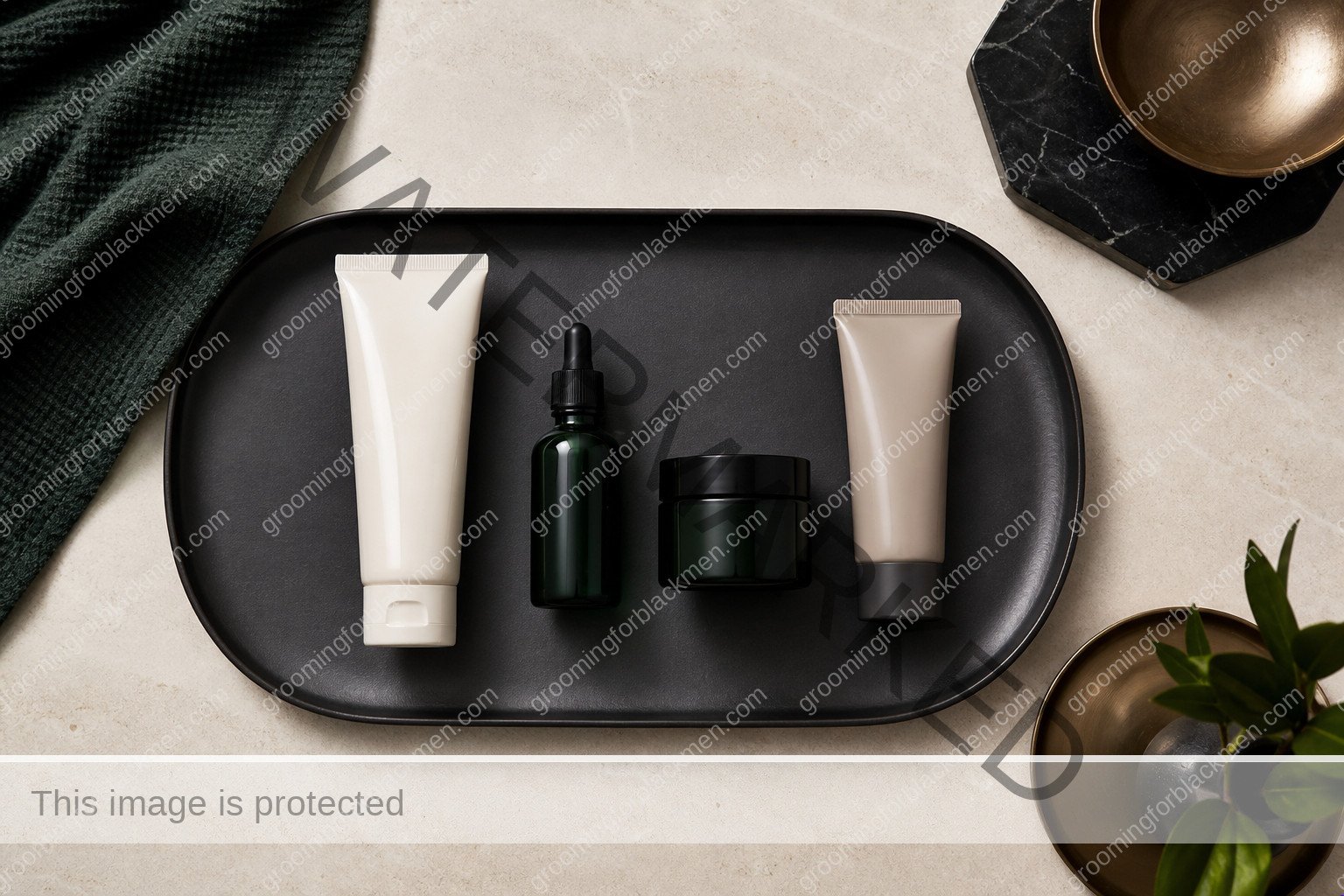 Black man preparing a focused routine for uneven skin tone Black men treatment at a clean masculine vanity