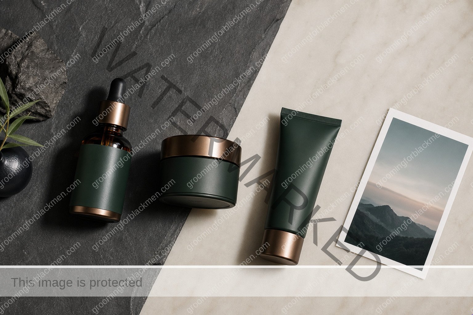 Unlabeled product types for uneven skin tone Black men treatment on a premium masculine vanity