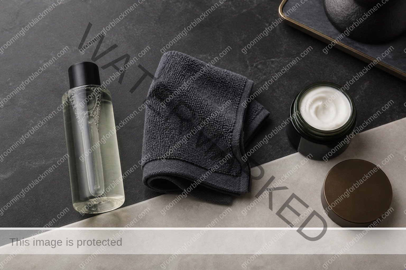 Unlabeled product types for exfoliation for Black men chemical physical safe on a premium masculine vanity